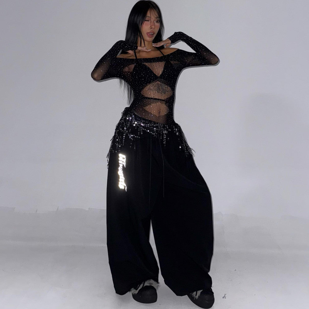 BLINGGIRLS Homemade Spicy Girl Jazz Dance Grid Hot Diamond Sexy High Elasticity Crotch Long Sleeve Top image 2