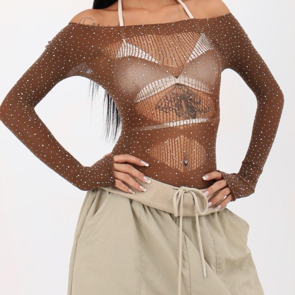 BLINGGIRLS Homemade Spicy Girl Jazz Dance Grid Hot Diamond Sexy High Elasticity Crotch Long Sleeve Top image 4