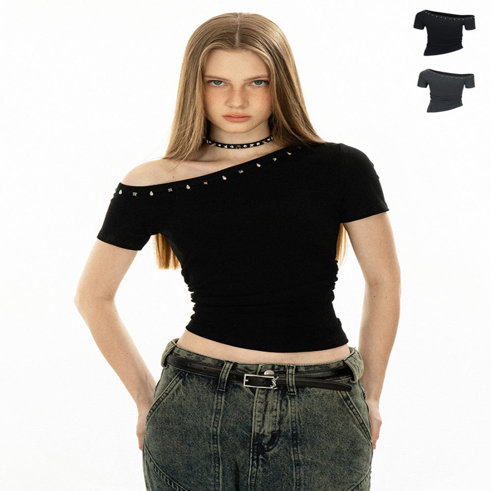 OFFSOUL original irregular off shoulder rivet short sleeved T shirt for women summer waisted short sleeved hot girl European and American top Many people commented that the texture is very good More t image 16
