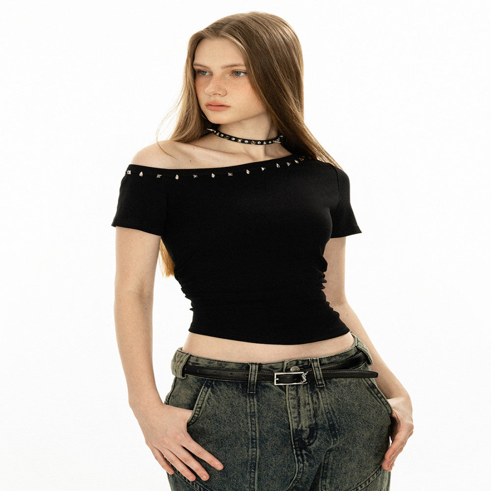 OFFSOUL original irregular off shoulder rivet short sleeved T shirt for women summer waisted short sleeved hot girl European and American top Many people commented that the texture is very good More t image 19