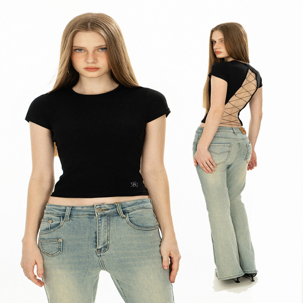 OFFSOUL original LOGO embroidery back hollow lace up BABY hot girl short sleeved T shirt female summer backless top Many people commented texture and comfort Over 3 000 people added to cart image 3