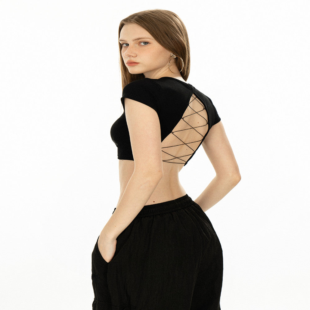 OFFSOUL original LOGO embroidery back hollow lace up BABY hot girl short sleeved T shirt female summer backless top Many people commented texture and comfort Over 3 000 people added to cart image 6