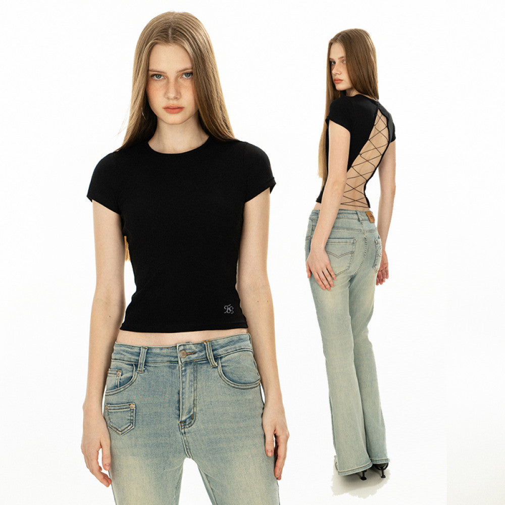 LOGO embroidery back hollow lace up BABY hot girl short sleeved T shirt female summer backless top Many people commented texture and comfort Over 3 000 people added to cart