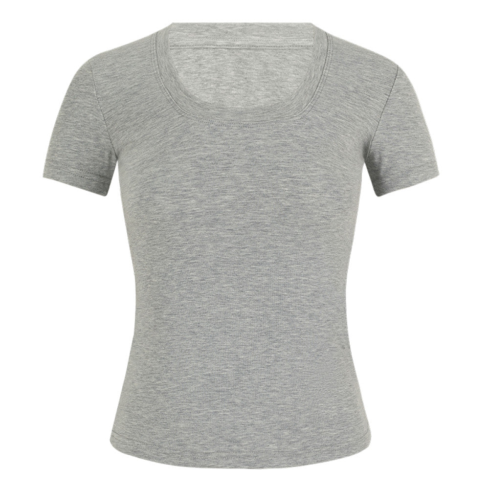 OFFSOUL original European and American shoulder versatile slim fit spicy girl short sleeved T shirt women s summer simple round neck knitted top image 5