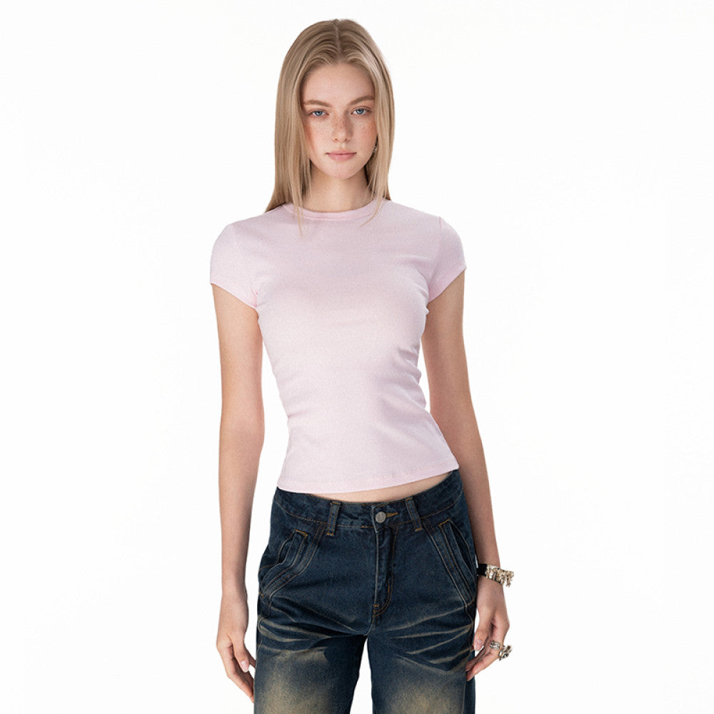 European and American shoulder versatile slim fit spicy girl short sleeved T shirt women s summer simple round neck knitted top
