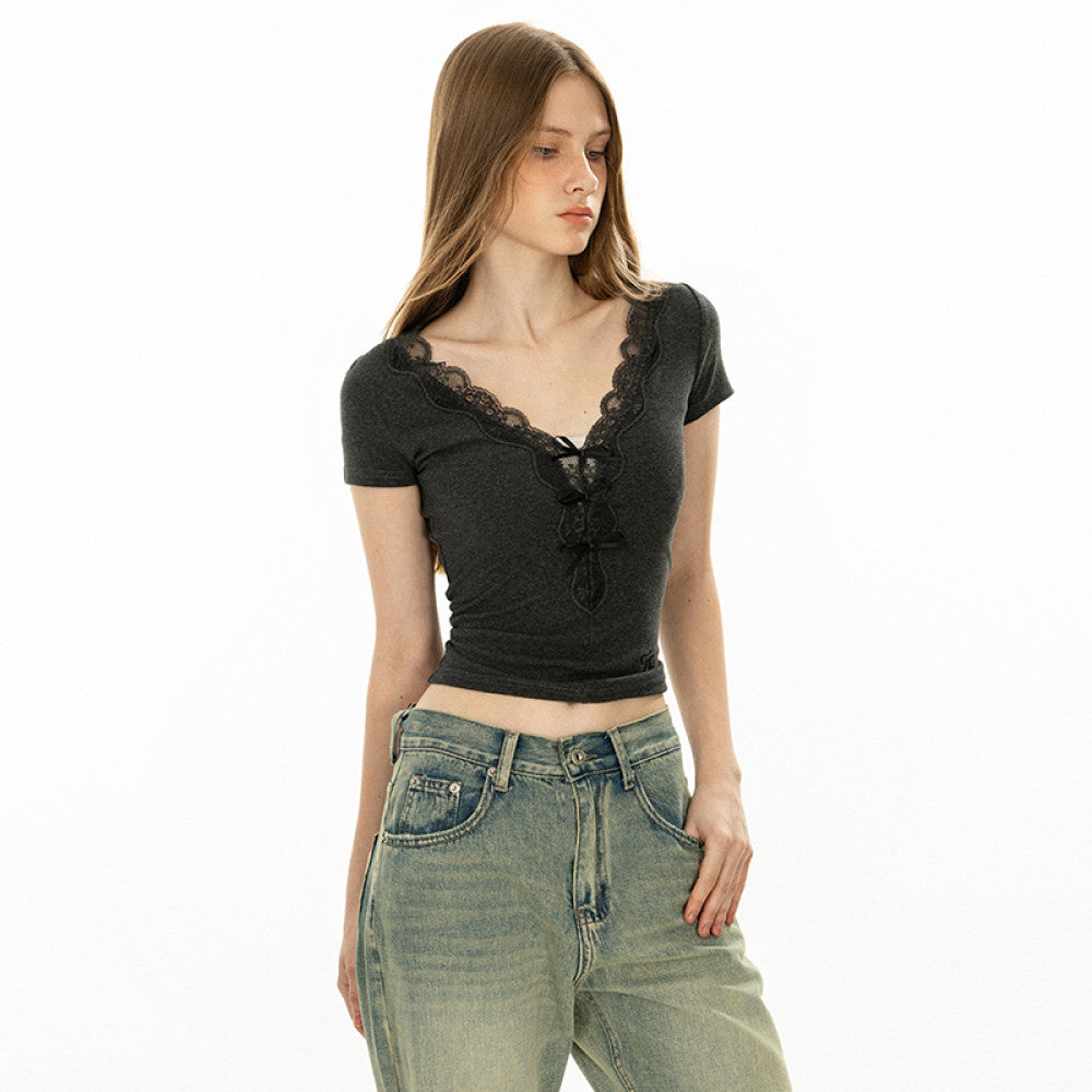 OFFSOUL Original LOGO Embroidered V neck Lace Splicing Short Sleeve T shirt for Women in Summer Small Top Design Ins image 3