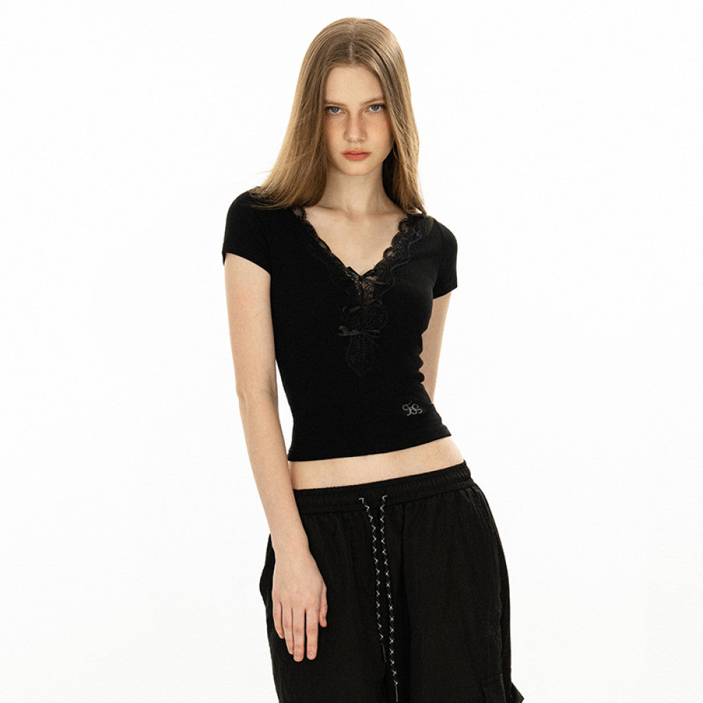 OFFSOUL Original LOGO Embroidered V neck Lace Splicing Short Sleeve T shirt for Women in Summer Small Top Design Ins image 4