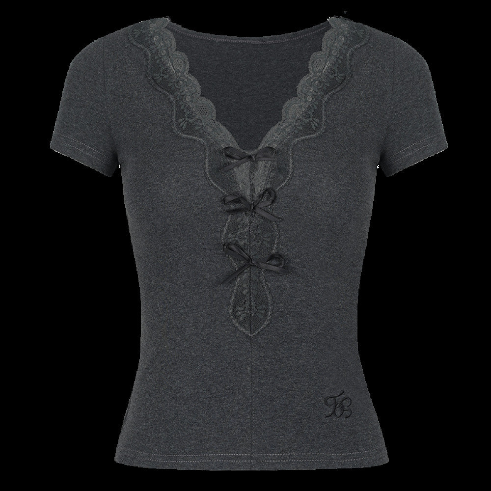OFFSOUL Original LOGO Embroidered V neck Lace Splicing Short Sleeve T shirt for Women in Summer Small Top Design Ins image 5