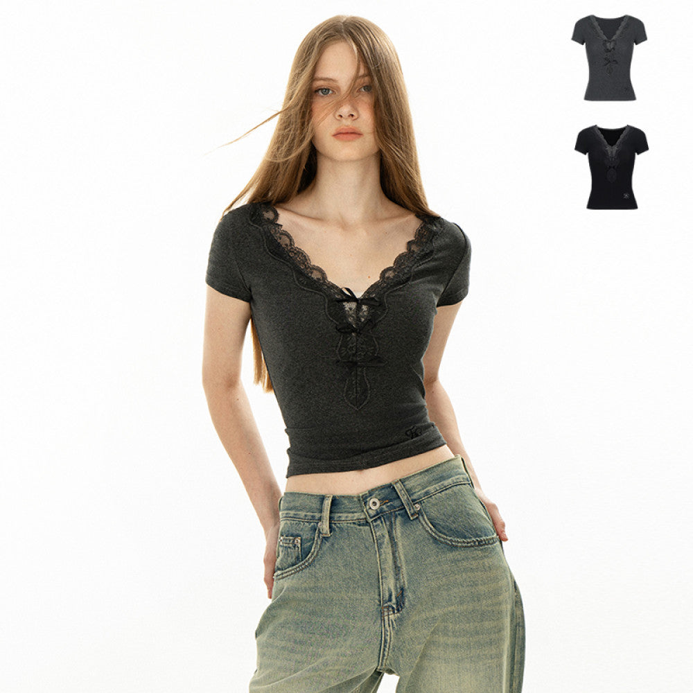 OFFSOUL Original LOGO Embroidered V neck Lace Splicing Short Sleeve T shirt for Women in Summer Small Top Design Ins image 0