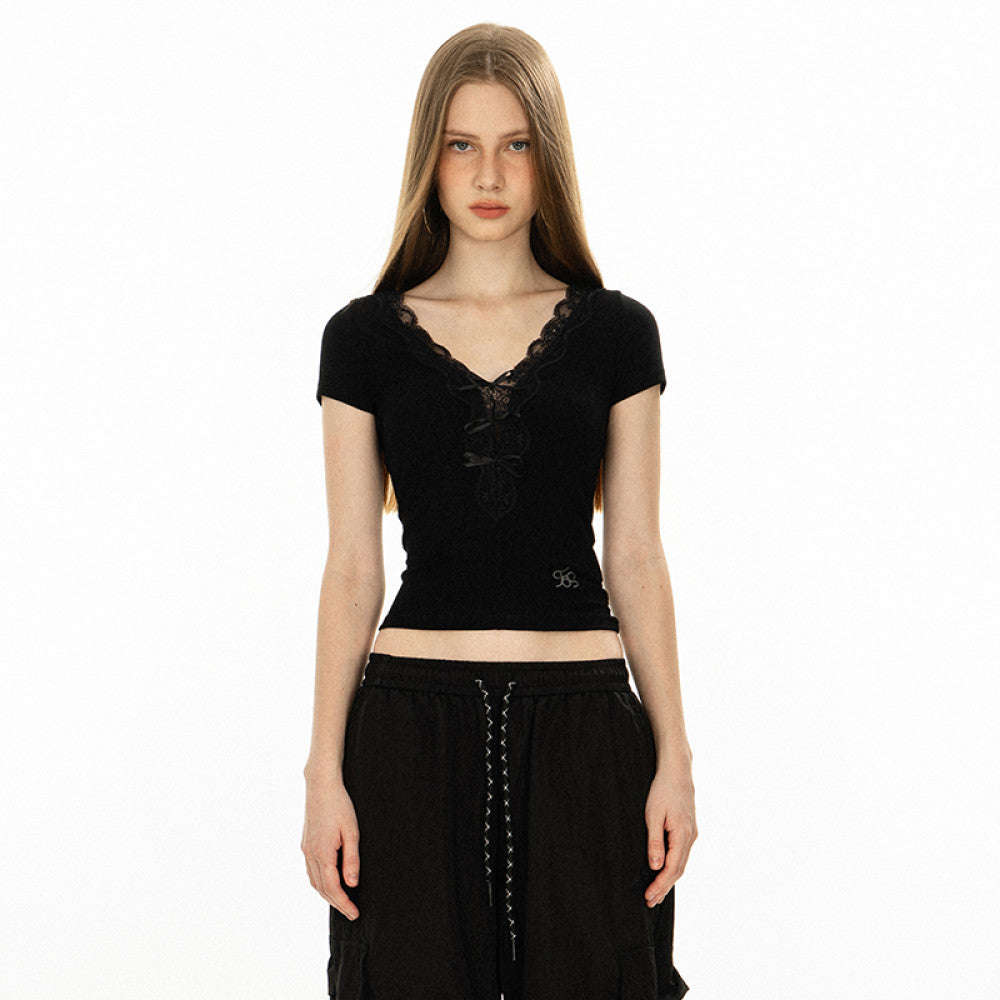 LOGO Embroidered V neck Lace Splicing Short Sleeve T shirt for Women in Summer Small Top Design Ins