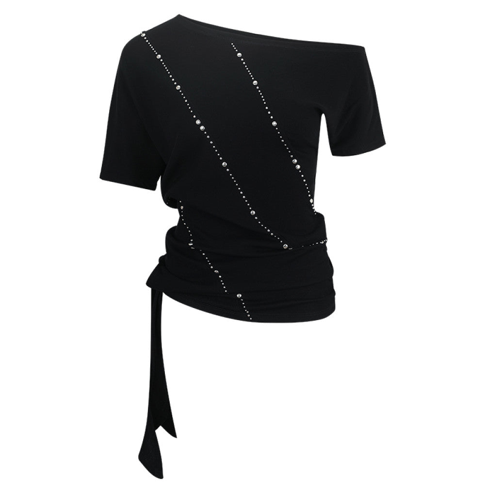 OFFSOUL original European and American rivet hot drilling niche design tie up heavy industry short sleeved T shirt women s summer hot girl top image 5