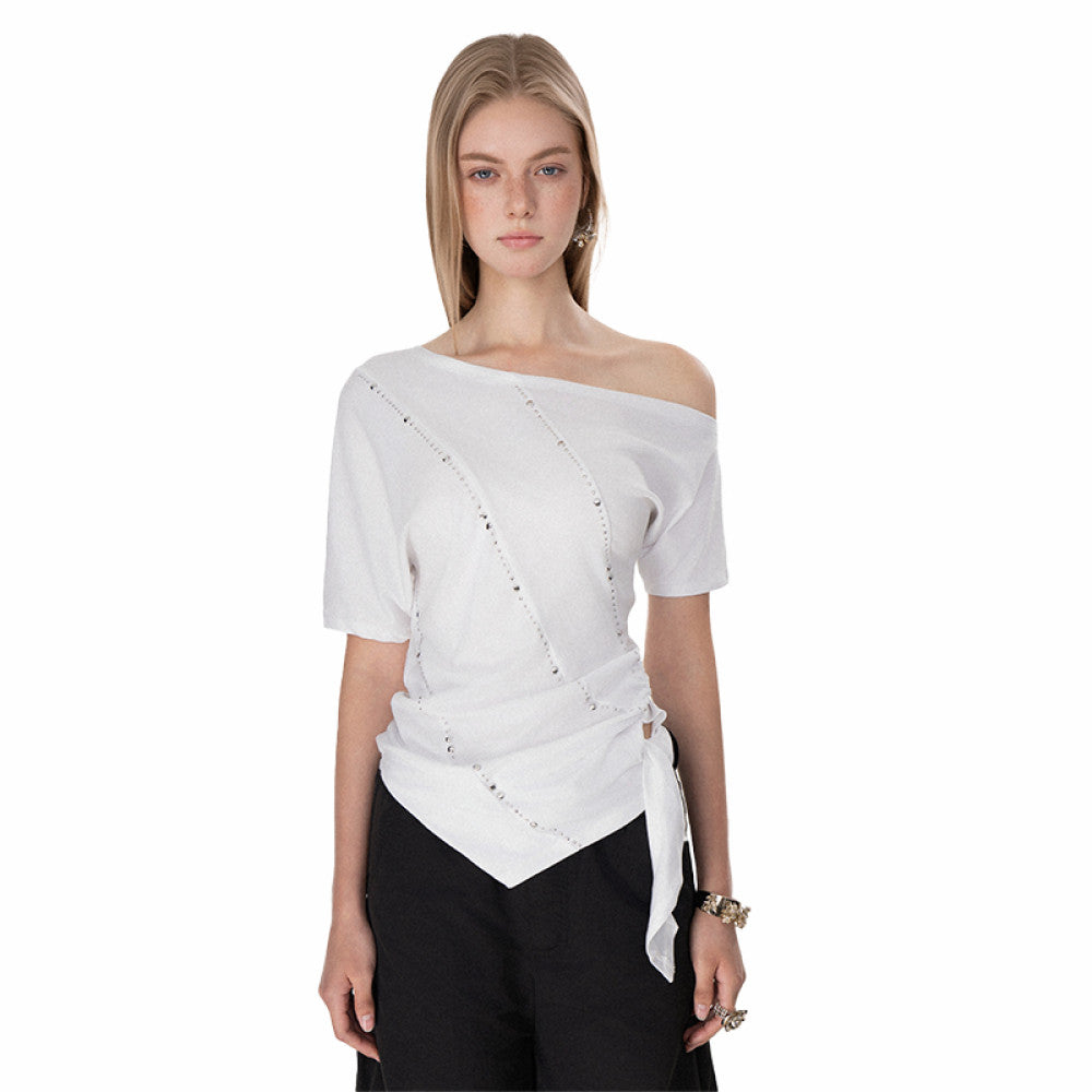 European and American rivet hot drilling niche design tie up heavy industry short sleeved T shirt women s summer hot girl top