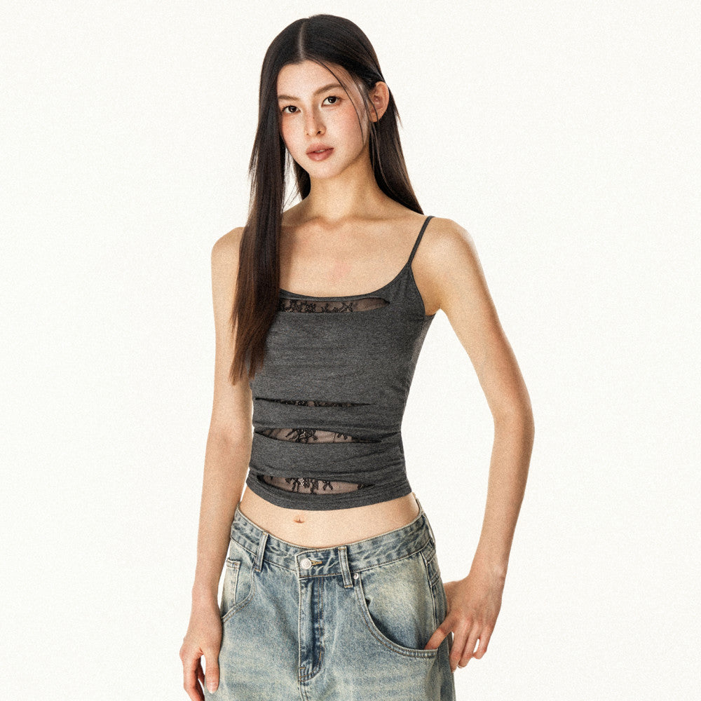 OFFSOUL Original American Spicy Girl Fake Two piece Lace Strap Top for Women in Summer with Broken Hole and Burnt Flower Hollow Top image 3