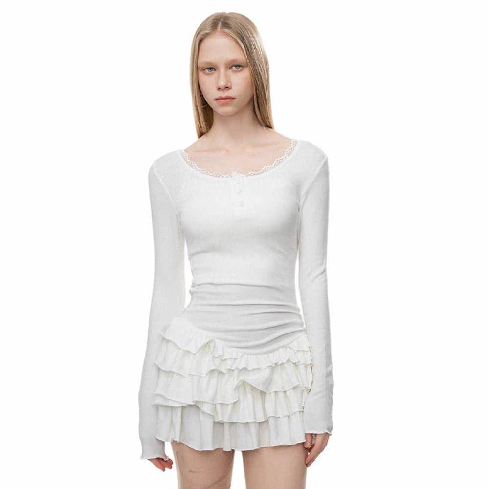 OFFSOUL original European and American spicy girl slim fit and slimming lotus leaf side length sleeves Western dress fake two pieces of short skirt ins female image 2