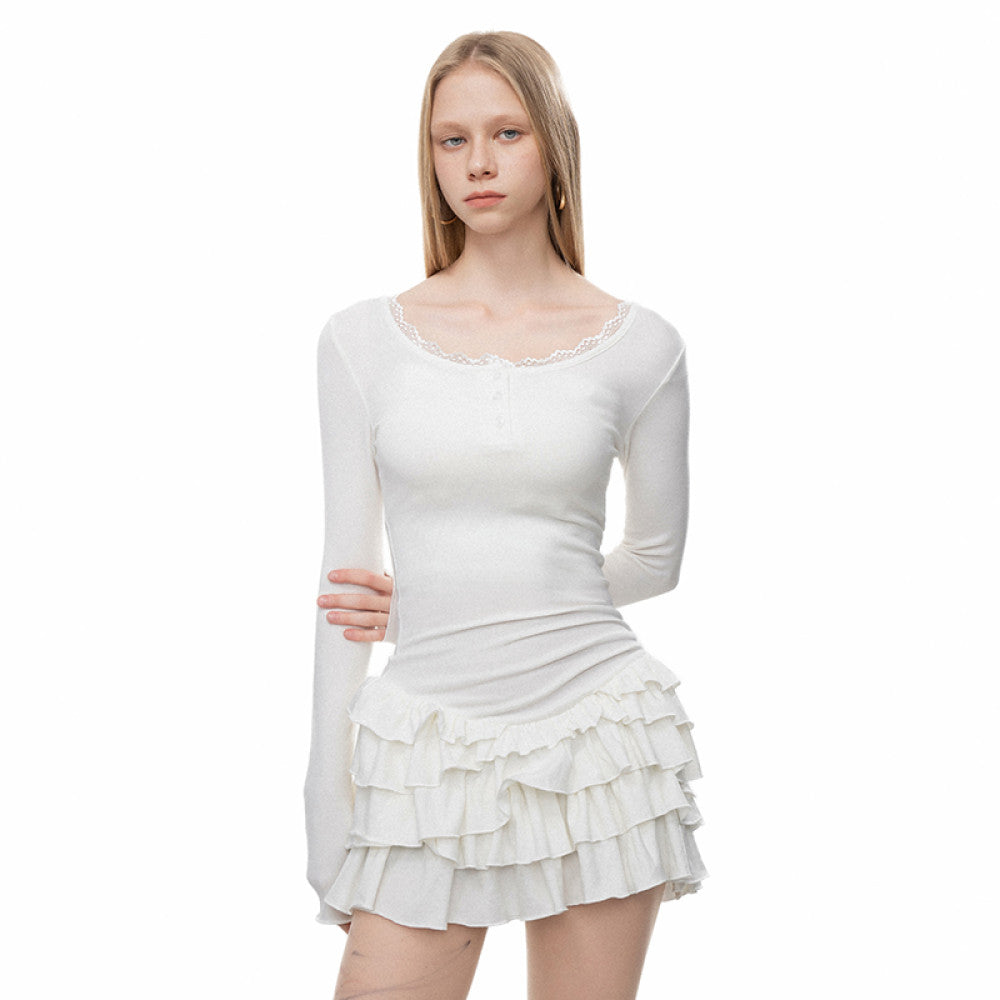 European and American spicy girl slim fit and slimming lotus leaf side length sleeves Western dress fake two pieces of short skirt ins female
