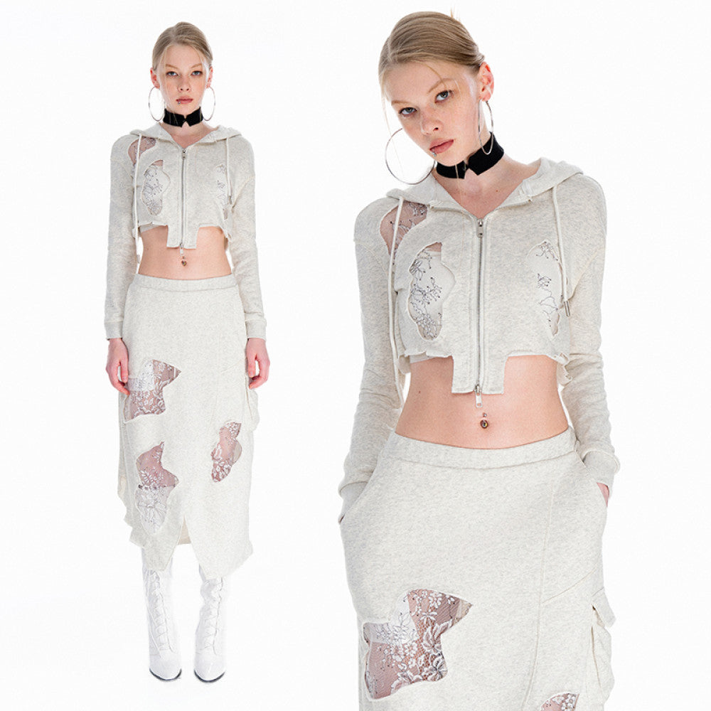 OFFSOUL original spicy lace hoodie jacket for women half skirt autumn and winter short casual versatile slimming set image 1