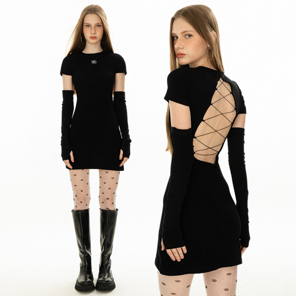 OFFSOUL original European and American millennial spicy girl back hollow lace up sleeve set dress summer short sleeved A line jumpsuit image 1