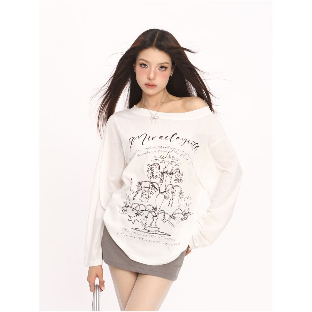 BIGGOLD Korean Graffiti Off Shoulder T shirt Sunscreen Cover Shirt Women s Summer Lazy Style Long Sleeve Thin Air Conditioning Shirt Top image 5