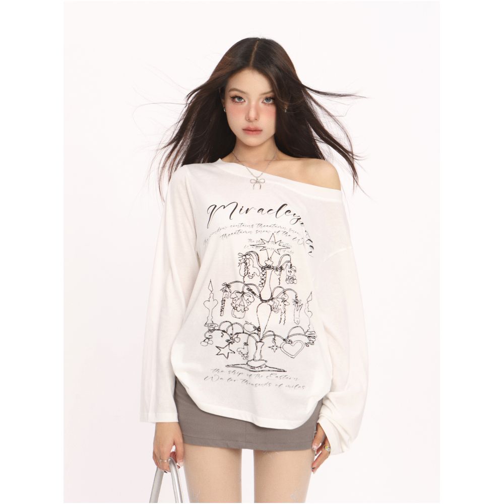 VEYBE Korean Graffiti Off Shoulder T shirt Sunscreen Cover Shirt Women s Summer Lazy Style Long Sleeve Thin Air Conditioning Shirt Top