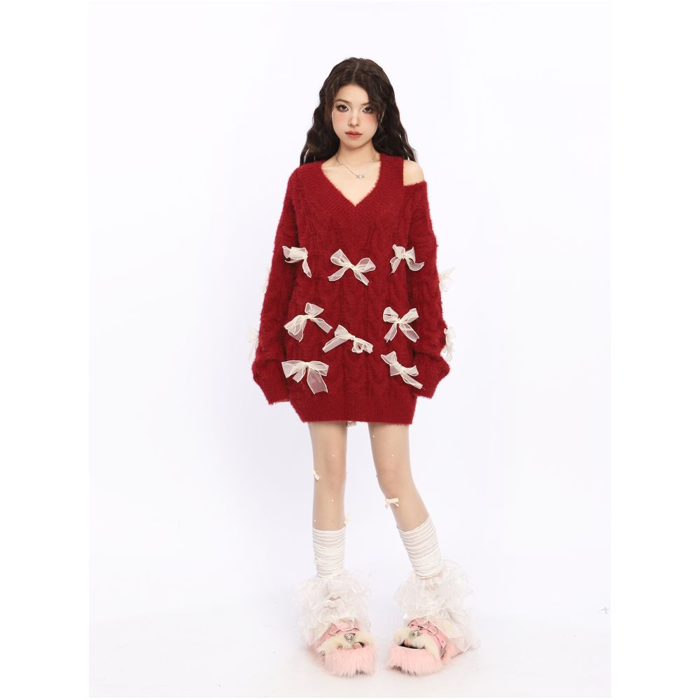 BIGGOLD off shoulder New Year s robe red bow sweater women s autumn and winter design lazy style knitted sweater trend image 4