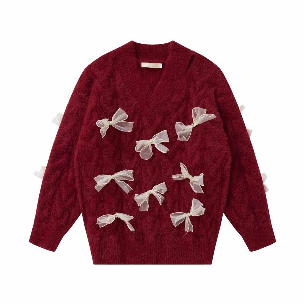 BIGGOLD off shoulder New Year s robe red bow sweater women s autumn and winter design lazy style knitted sweater trend image 5