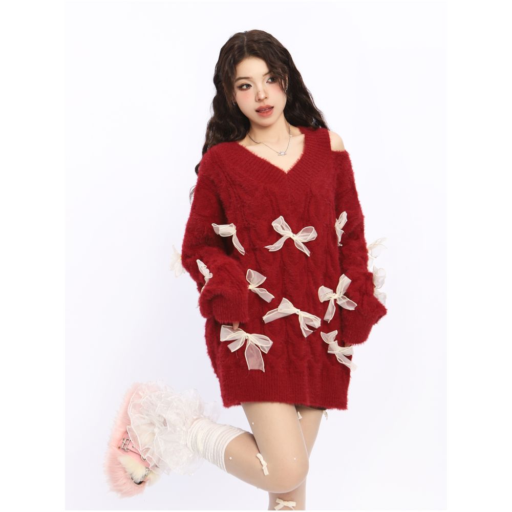 BIGGOLD off shoulder New Year s robe red bow sweater women s autumn and winter design lazy style knitted sweater trend image 0