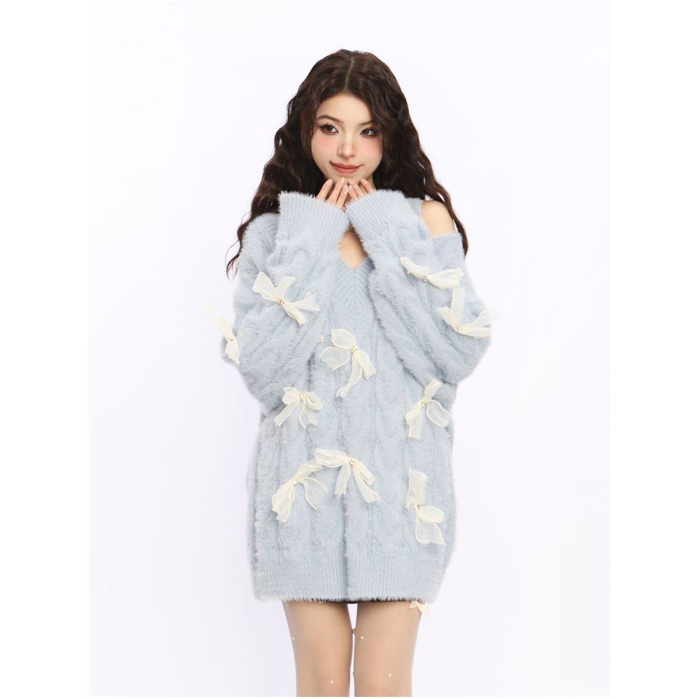 BIGGOLD off shoulder New Year s robe red bow sweater women s autumn and winter design lazy style knitted sweater trend image 10