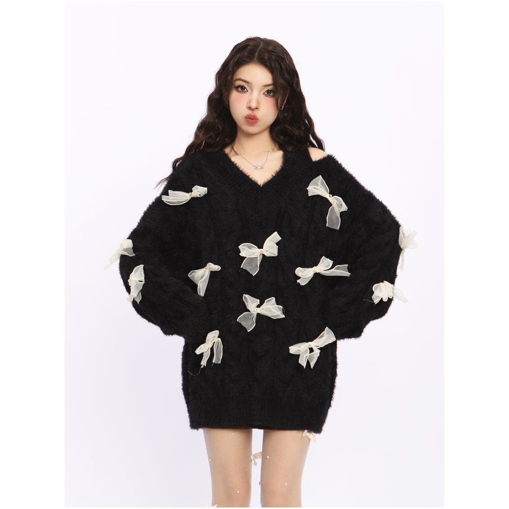 BIGGOLD off shoulder New Year s robe red bow sweater women s autumn and winter design lazy style knitted sweater trend image 12