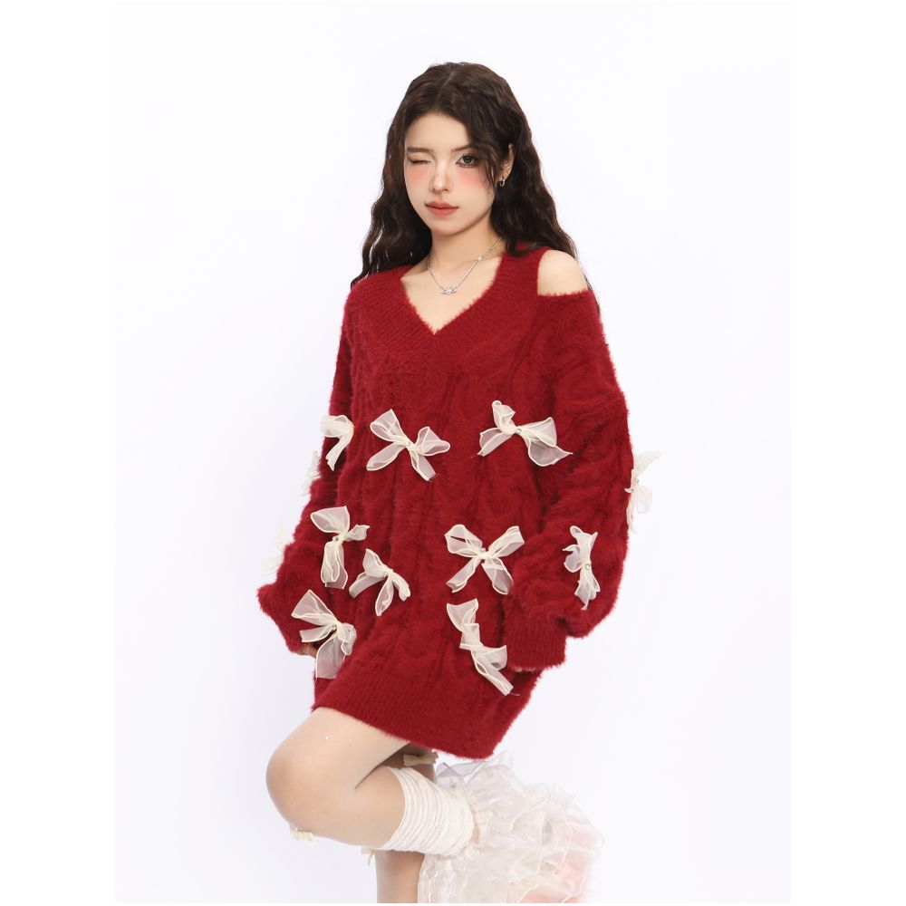 BIGGOLD off shoulder New Year s robe red bow sweater women s autumn and winter design lazy style knitted sweater trend image 16