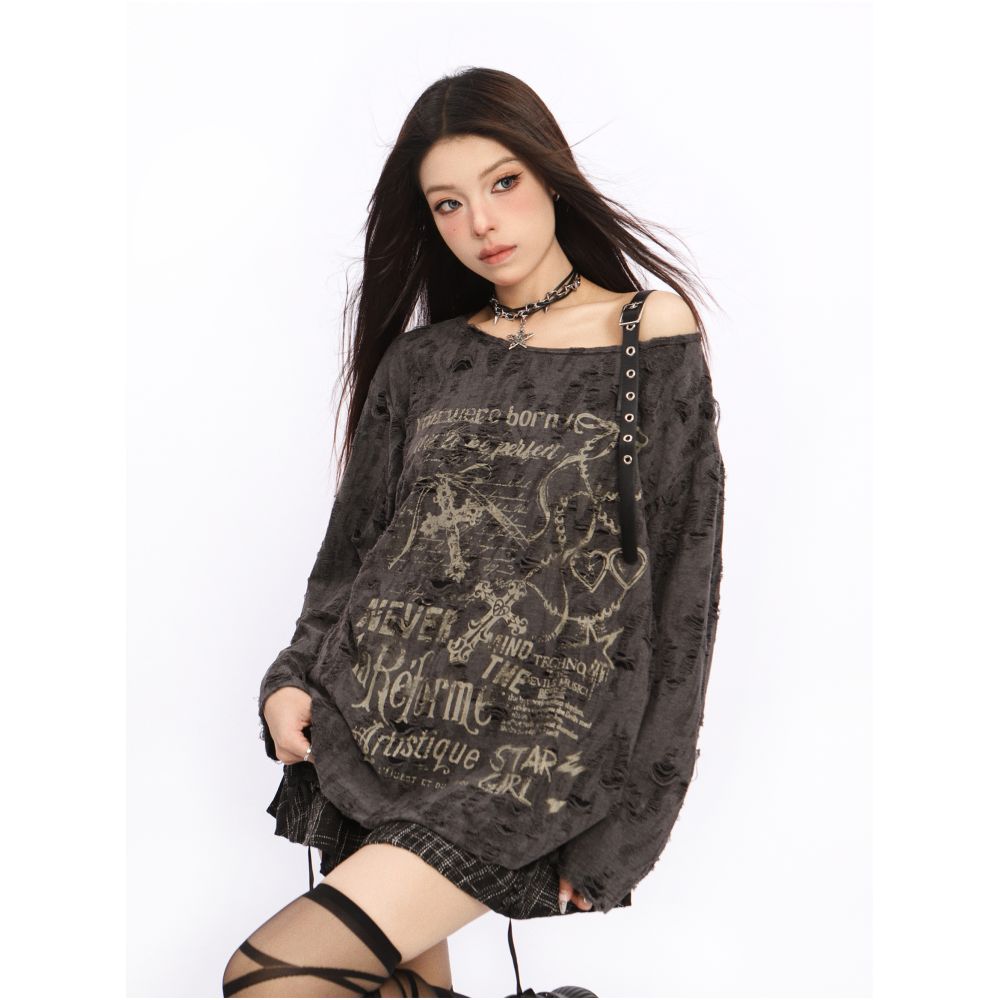 BIGGOLD American Sweet Cool Slant Neck Off Shoulder Hoodie T shirt Women s Summer Design Sense y2k Hole Show Thin Sunscreen Clothes image 10