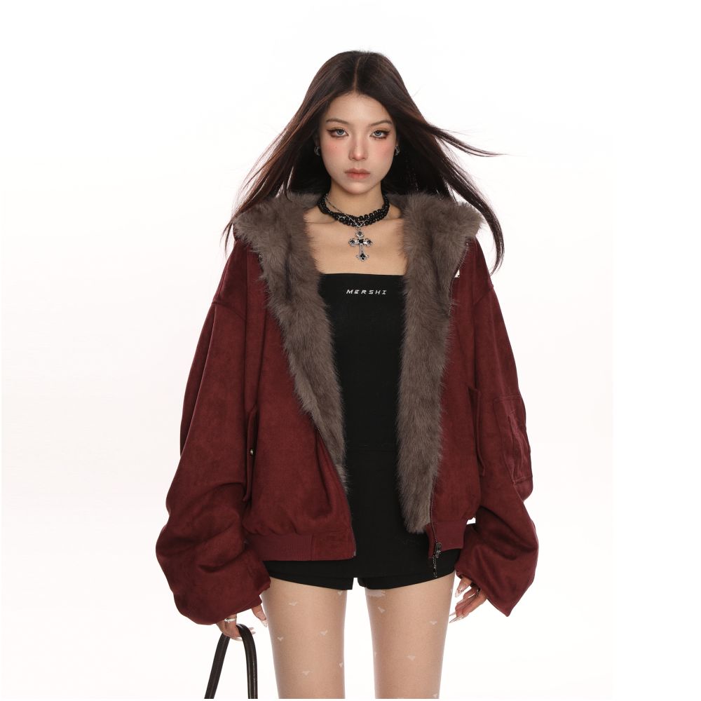 BIGGOLD wine red suede environmentally friendly fur double sided cotton jacket women s winter thick warm cotton jacket image 4
