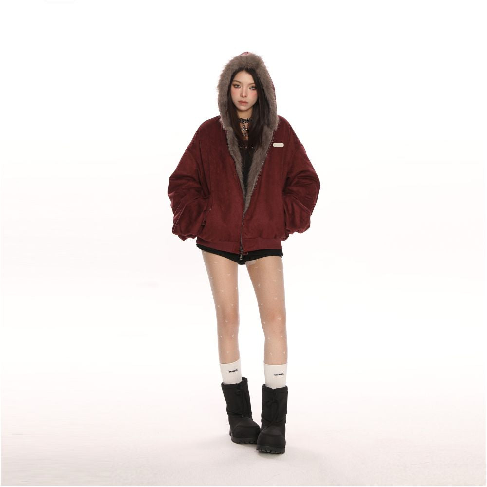 BIGGOLD wine red suede environmentally friendly fur double sided cotton jacket women s winter thick warm cotton jacket image 5