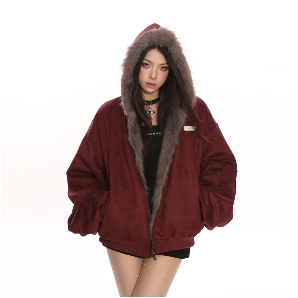 BIGGOLD wine red suede environmentally friendly fur double sided cotton jacket women s winter thick warm cotton jacket image 0