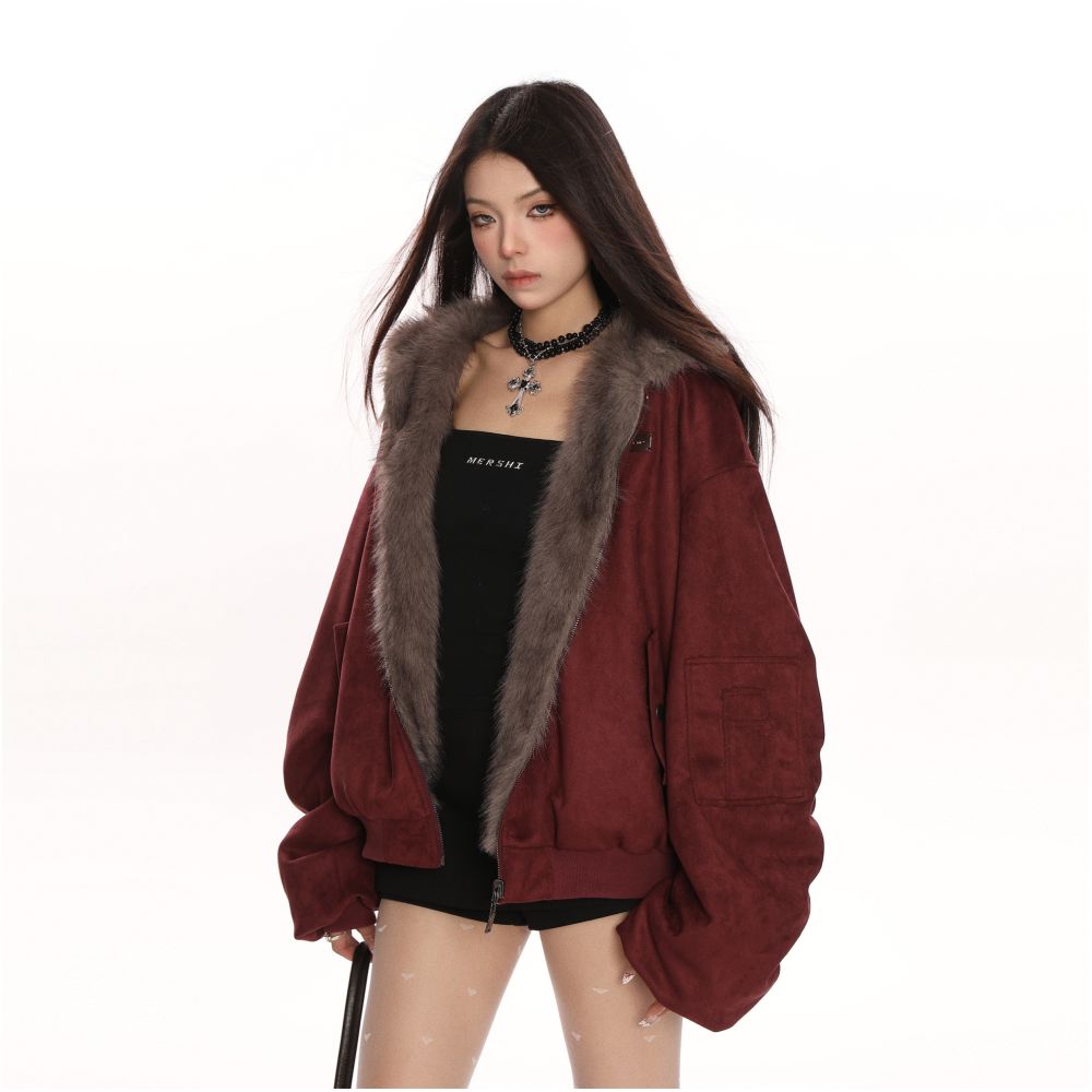 BIGGOLD wine red suede environmentally friendly fur double sided cotton jacket women s winter thick warm cotton jacket image 13