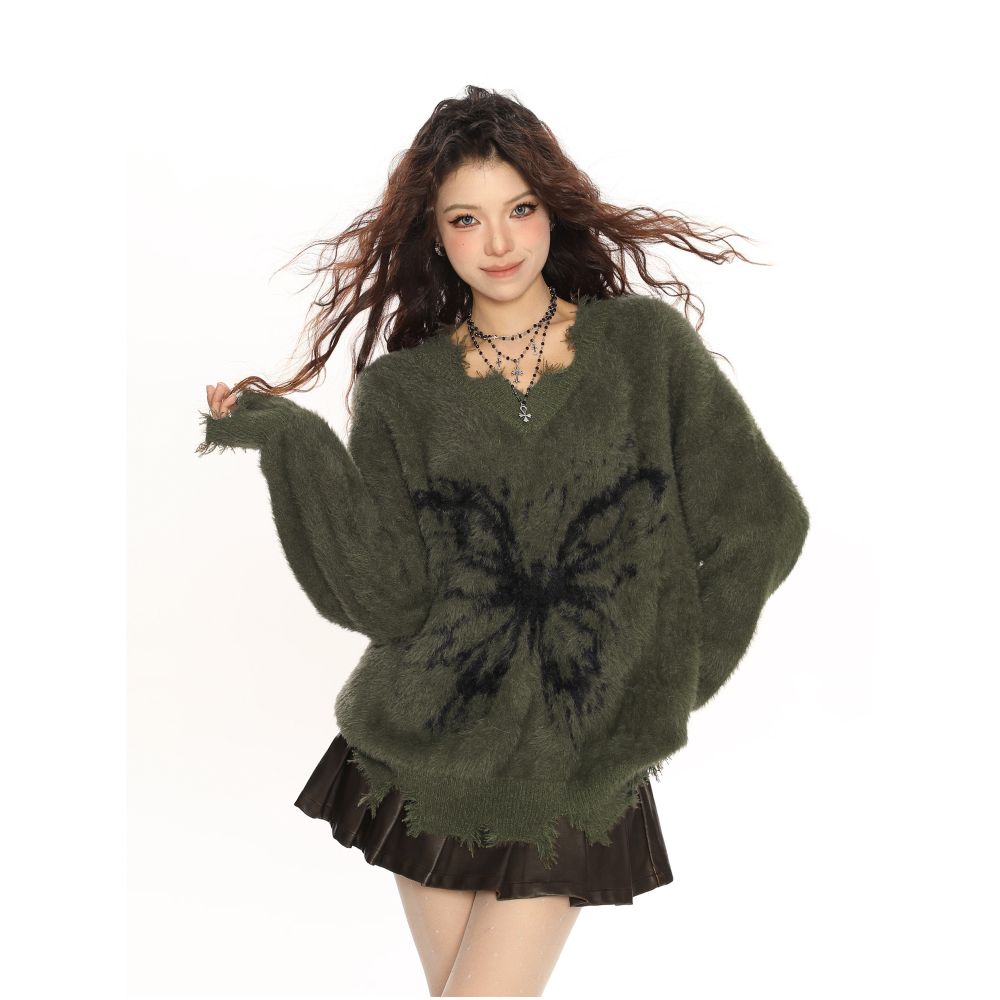 BIGGOLD Scrap Soil Wind Grinding Fur V neck Sweater Women s Autumn and Winter Design Feeling Lazy Wind Butterfly mohair Knitted Sweater image 5