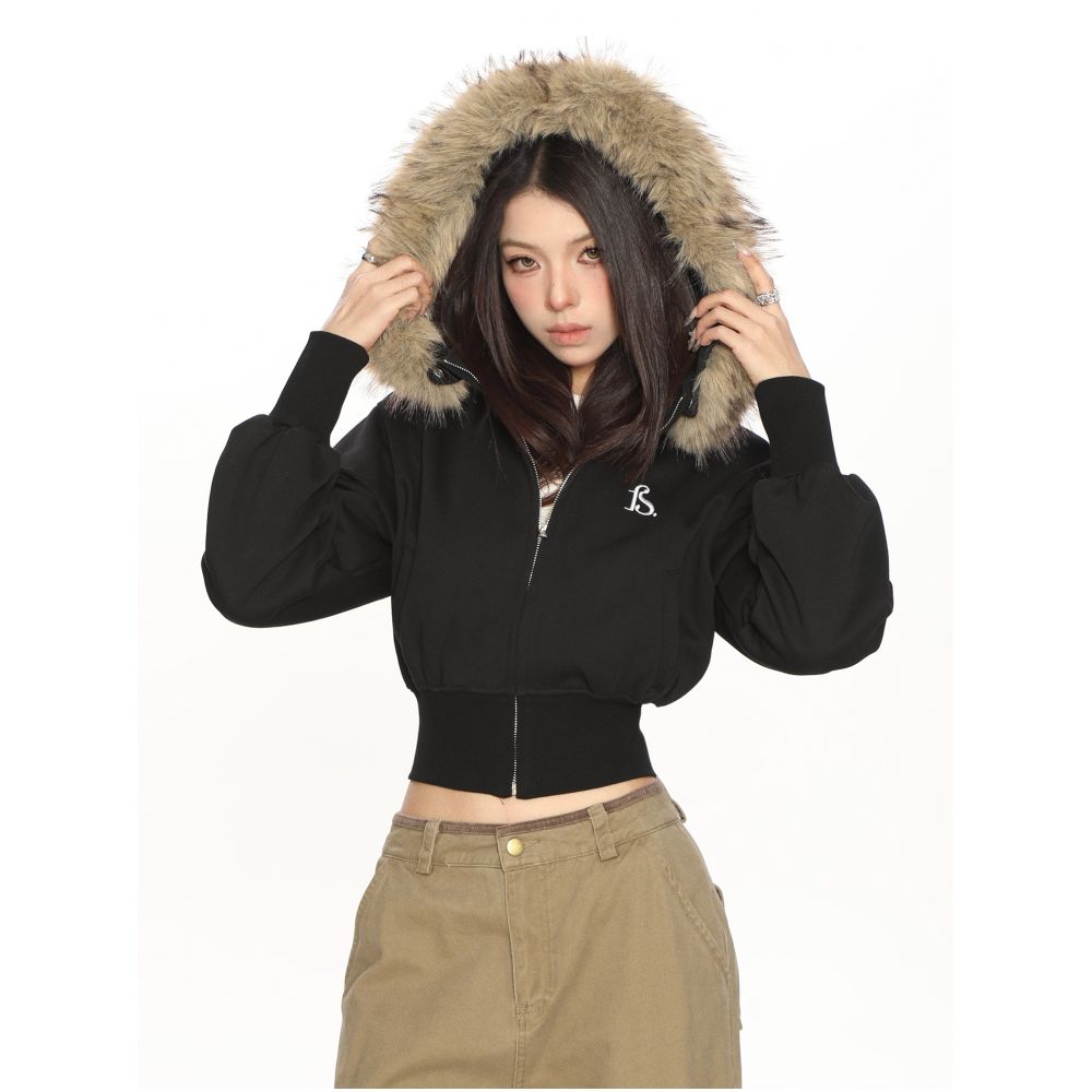 BIGGOLD American hooded large fur collar detachable short sweatshirt for women in spring and autumn slim hot girl cardigan jacket trendy image 2
