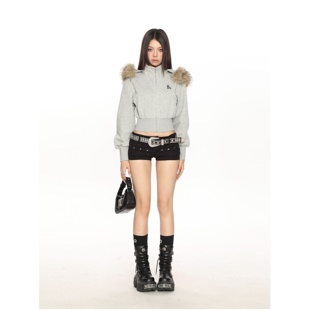 BIGGOLD American hooded large fur collar detachable short sweatshirt for women in spring and autumn slim hot girl cardigan jacket trendy image 3