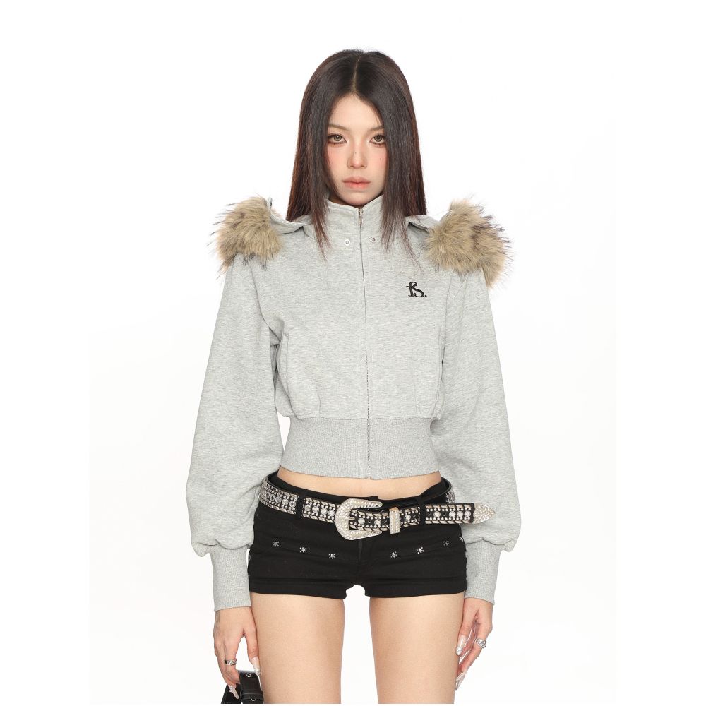 BIGGOLD American hooded large fur collar detachable short sweatshirt for women in spring and autumn slim hot girl cardigan jacket trendy image 5