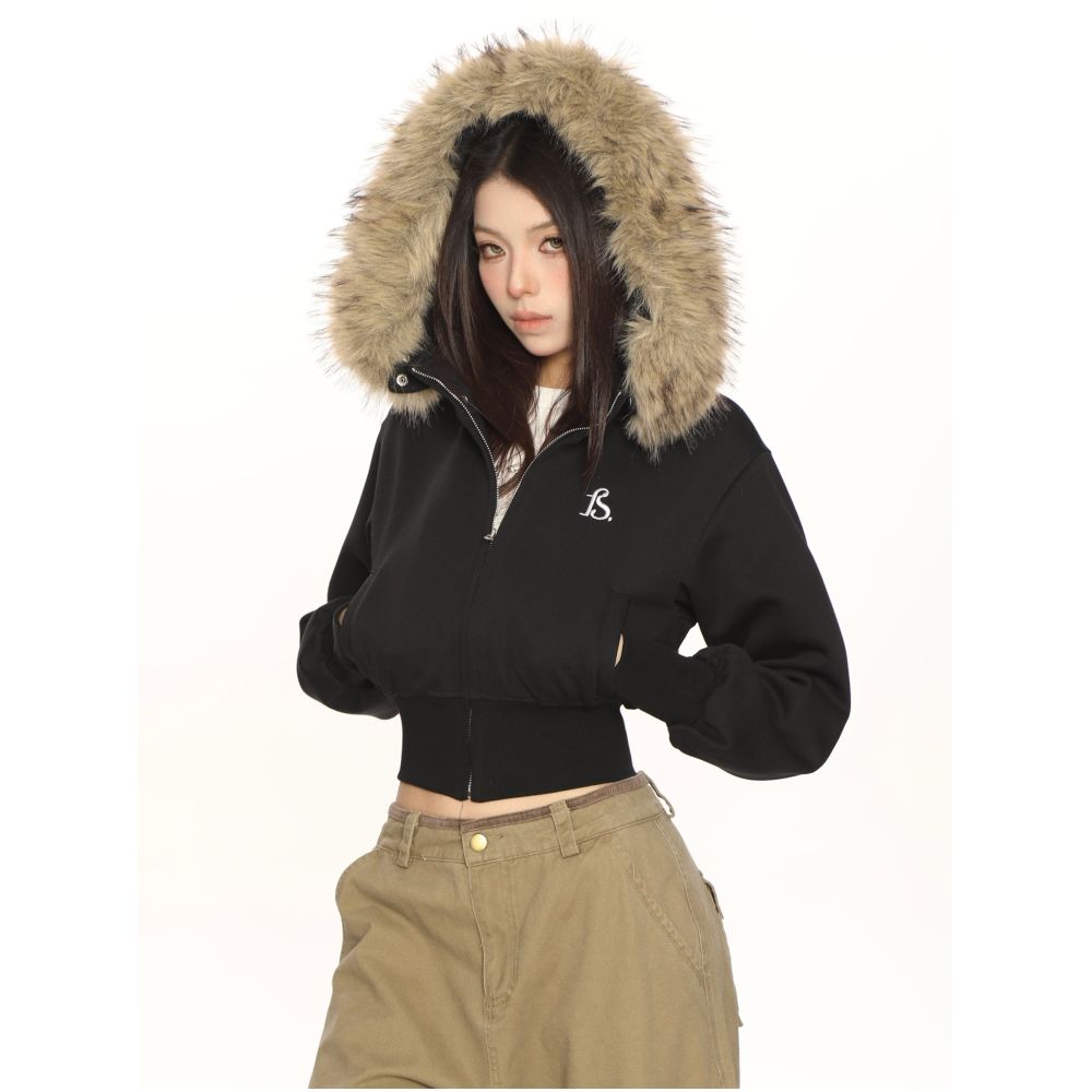 BIGGOLD American hooded large fur collar detachable short sweatshirt for women in spring and autumn slim hot girl cardigan jacket trendy image 8