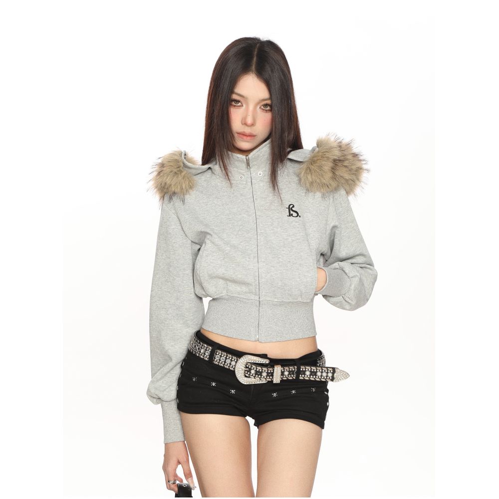 BIGGOLD American hooded large fur collar detachable short sweatshirt for women in spring and autumn slim hot girl cardigan jacket trendy image 13