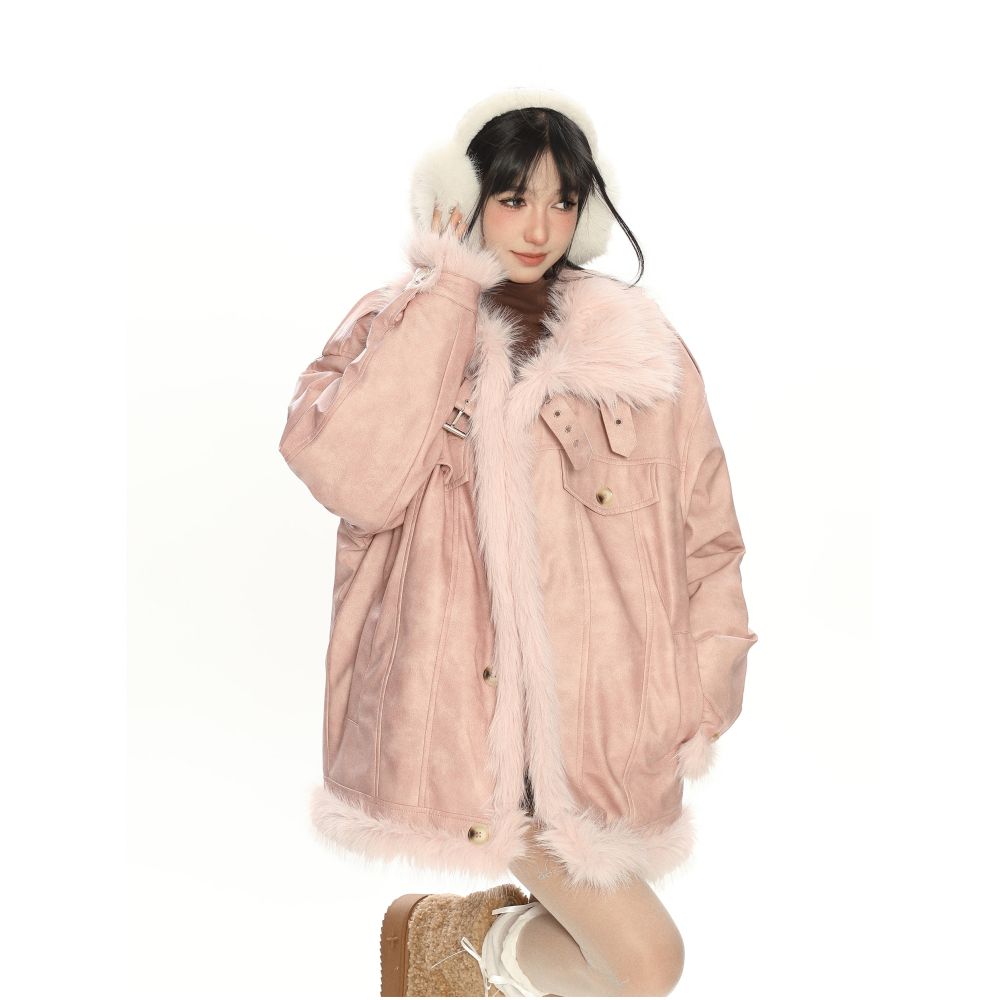 Lamb fur Meriad brown fur one piece cotton jacket for women in winter thick and warm motorcycle jacket cotton jacket image 2