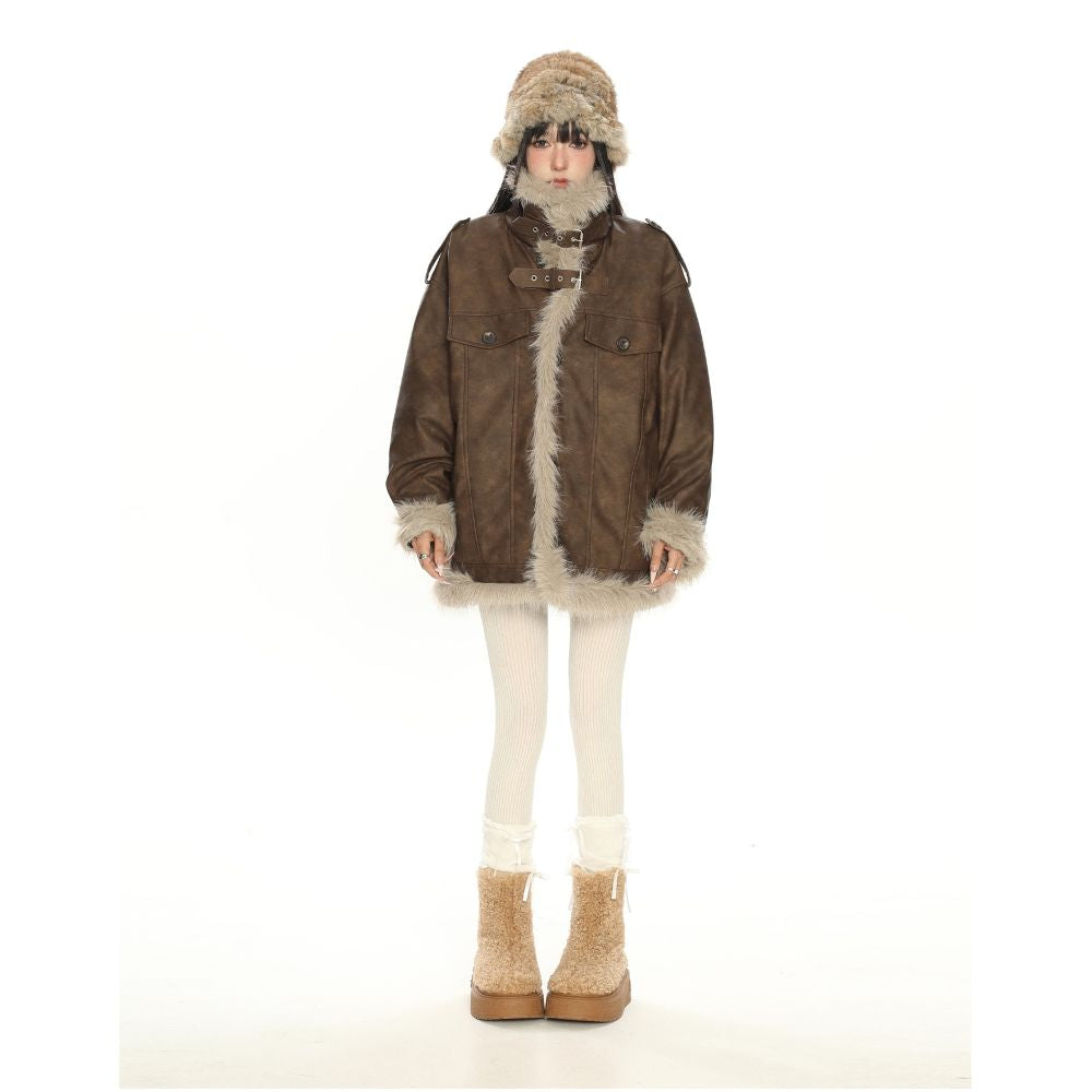 Lamb fur Meriad brown fur one piece cotton jacket for women in winter thick and warm motorcycle jacket cotton jacket image 3