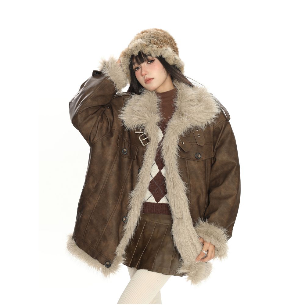 Lamb fur Meriad brown fur one piece cotton jacket for women in winter thick and warm motorcycle jacket cotton jacket image 5