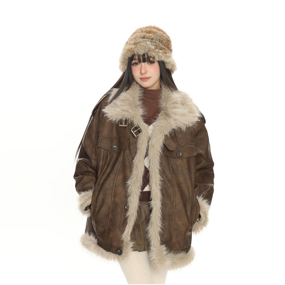 Lamb fur Meriad brown fur one piece cotton jacket for women in winter thick and warm motorcycle jacket cotton jacket image 0