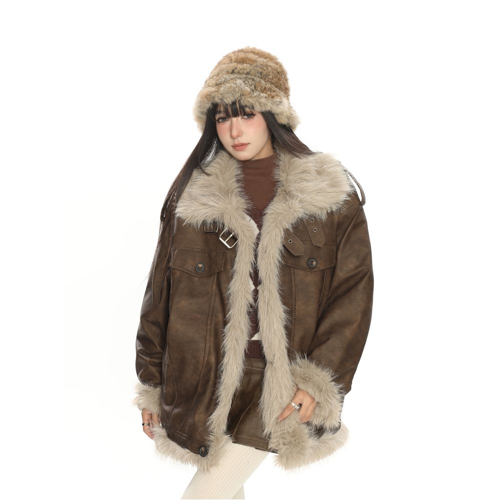 Lamb fur Meriad brown fur one piece cotton jacket for women in winter thick and warm motorcycle jacket cotton jacket image 9