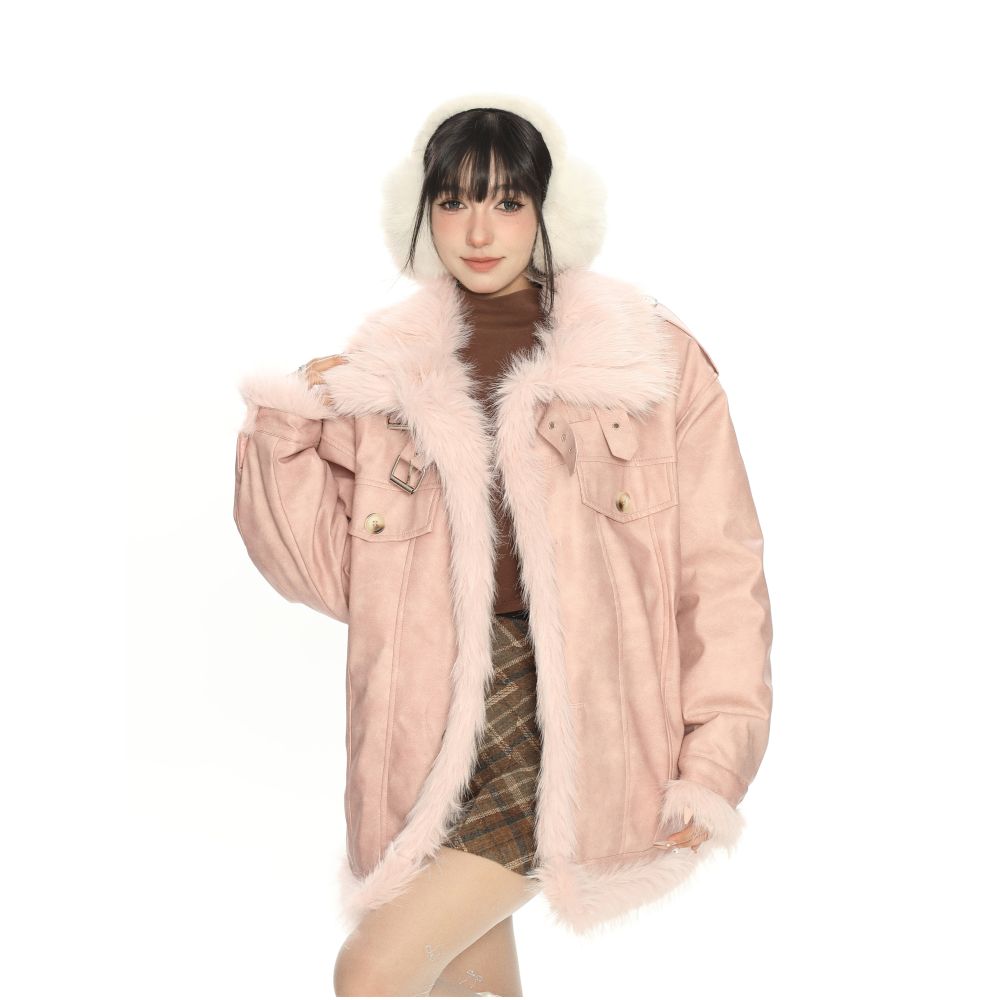 Lamb fur Meriad brown fur one piece cotton jacket for women in winter thick and warm motorcycle jacket cotton jacket image 12