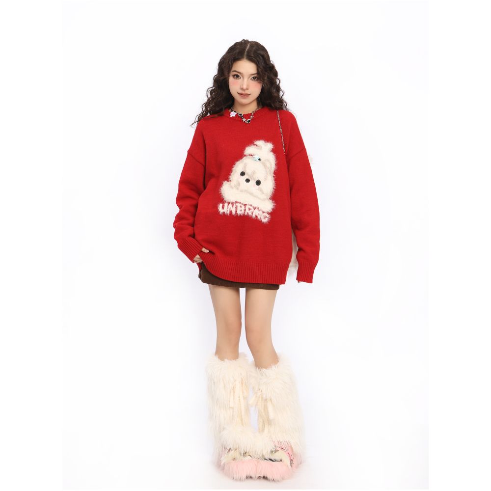 BIGGOLD American New Year Plush Cute Dog Red Sweater Women s Autumn Winter Couple Round Neck Knitted Sweater Top image 2
