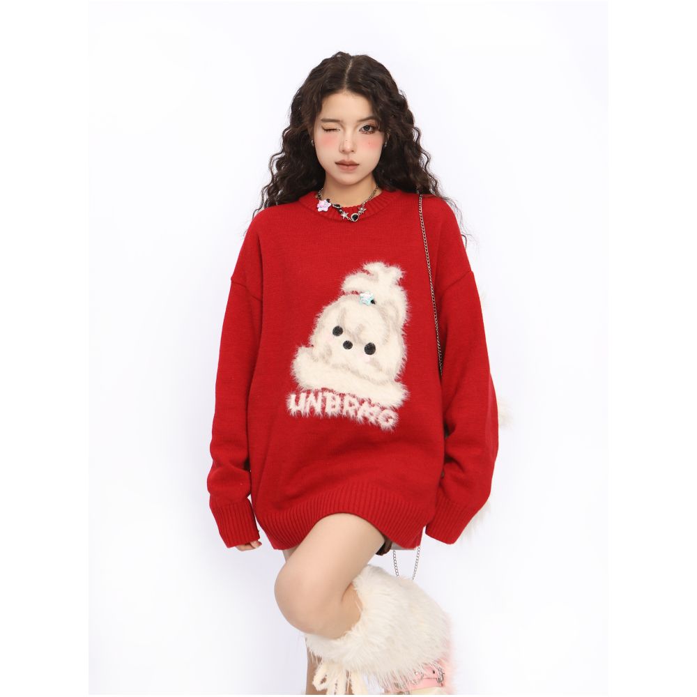 BIGGOLD American New Year Plush Cute Dog Red Sweater Women s Autumn Winter Couple Round Neck Knitted Sweater Top image 3