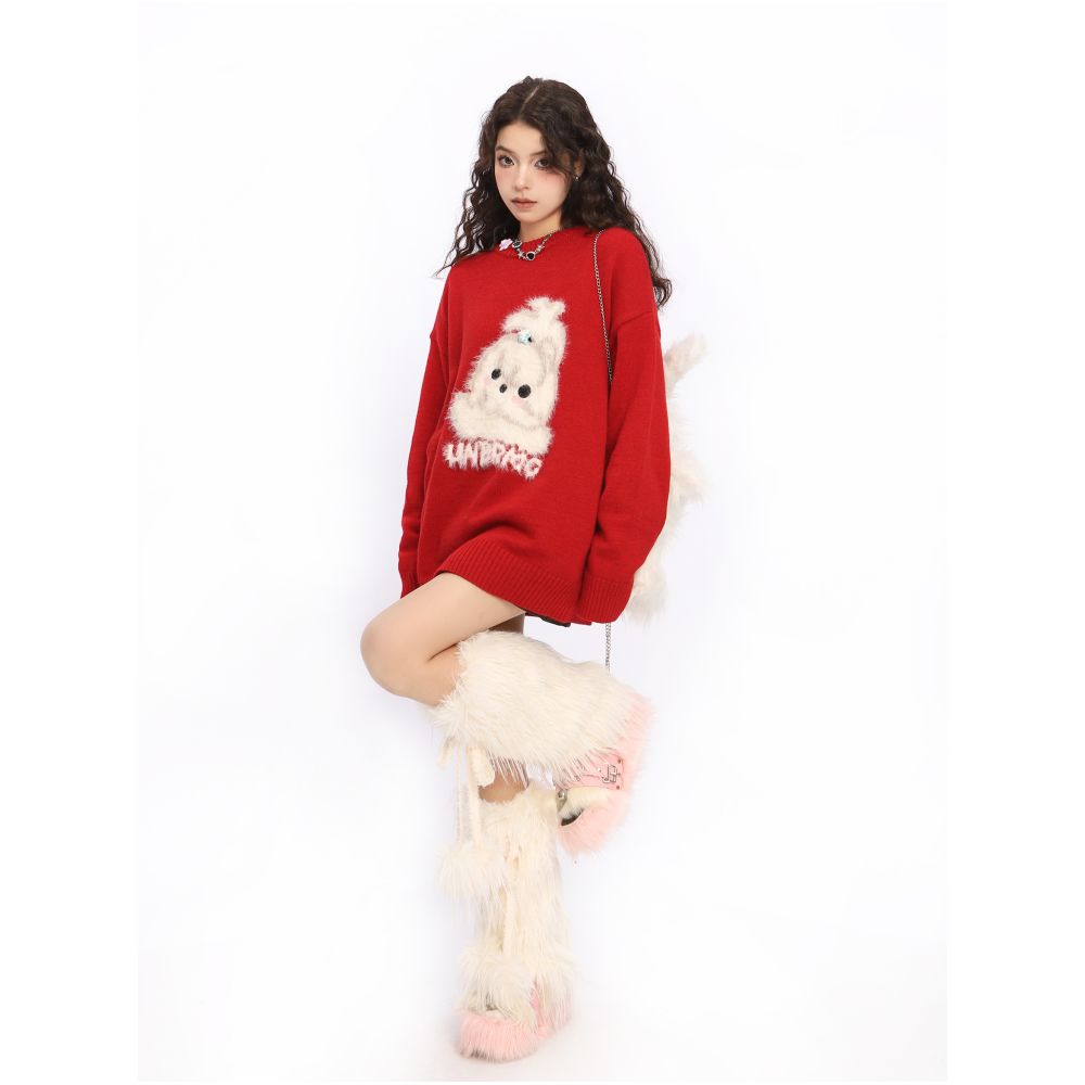BIGGOLD American New Year Plush Cute Dog Red Sweater Women s Autumn Winter Couple Round Neck Knitted Sweater Top image 4