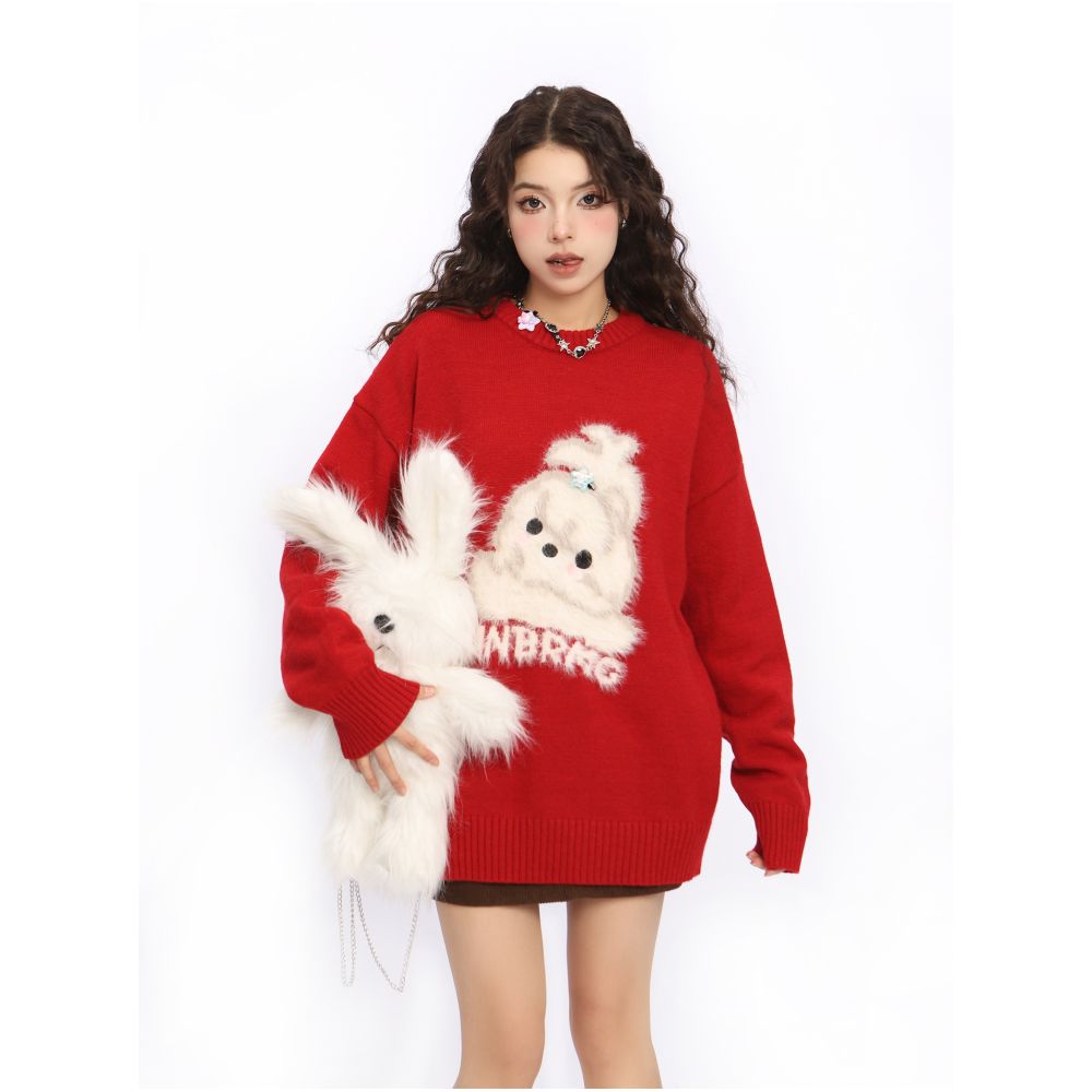 BIGGOLD American New Year Plush Cute Dog Red Sweater Women s Autumn Winter Couple Round Neck Knitted Sweater Top image 21